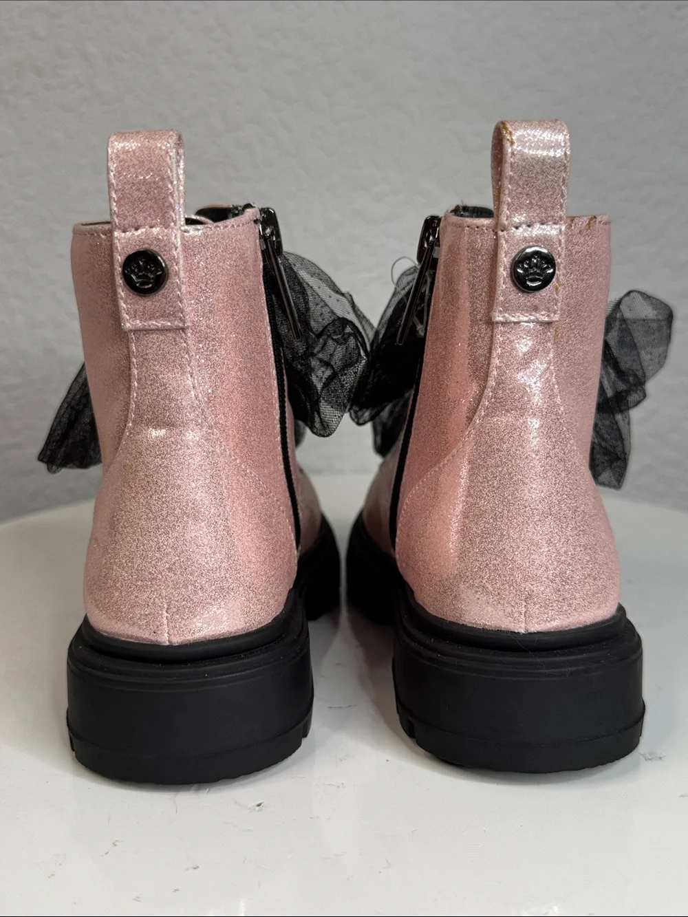 NINA CHASSY LIGHT PINK SHIMMER GLITTER COMBAT BOOTS BLACK TULLE LACES SIZE 10